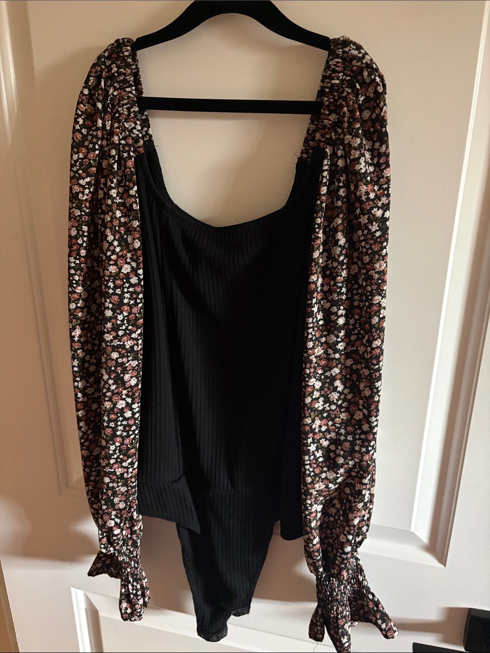 Black Ribbed Bodysuit with Floral Puff Sleeves
